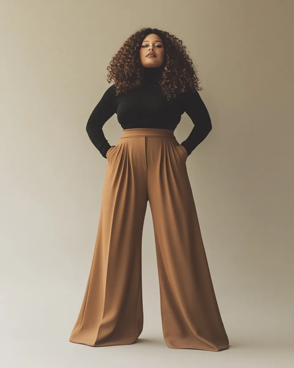 Plus size style editorial — high-waist wide-leg silhouette