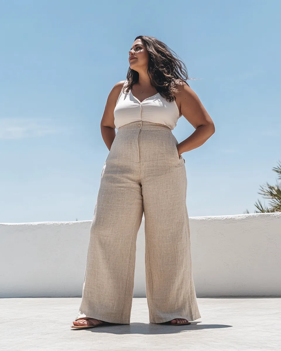 Plus size holiday outfit idea 2026 — linen casual editorial