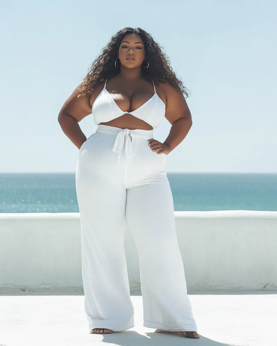 Plus size fashion summer — linen trouser and white top editorial