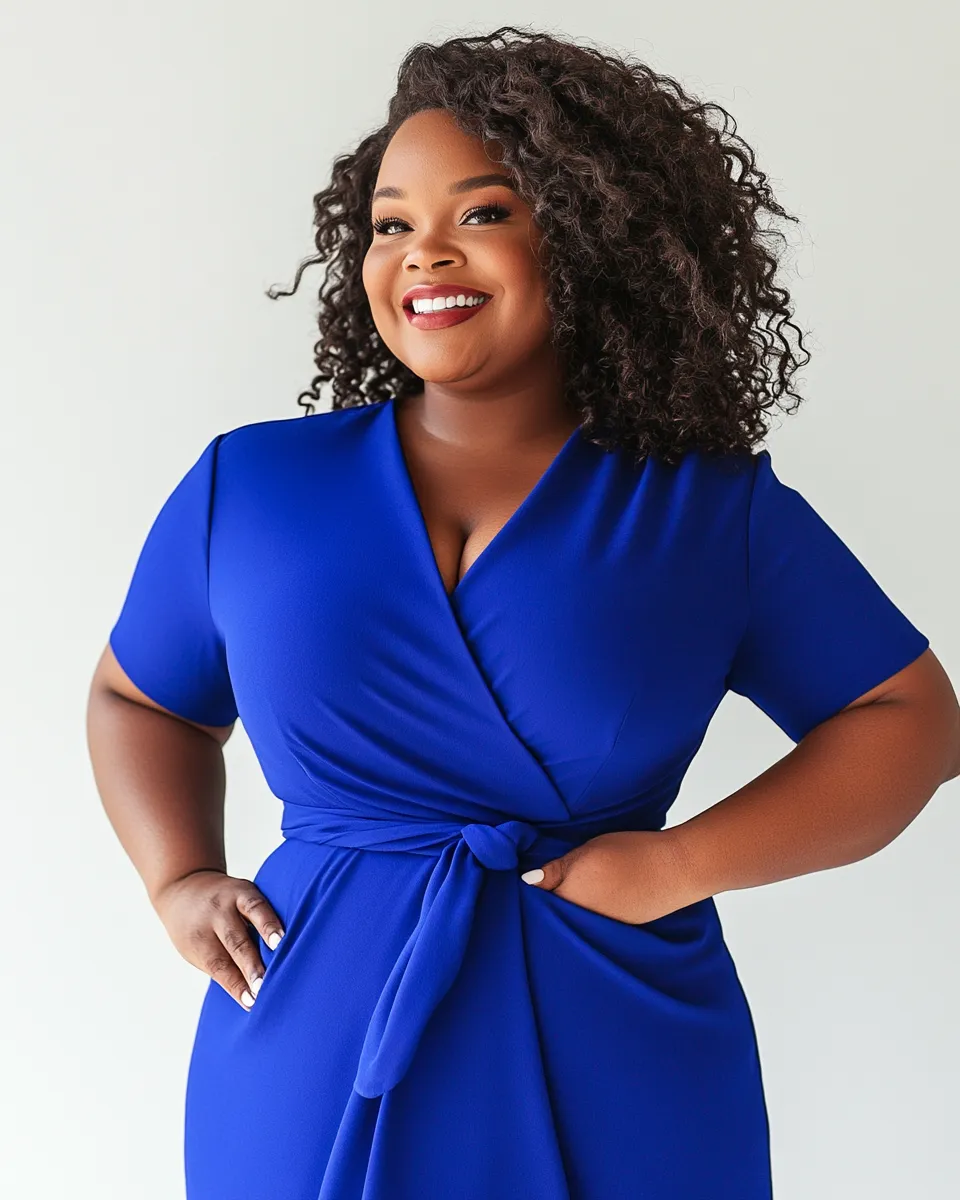 Plus size fashion editorial — bold blue wrap dress look