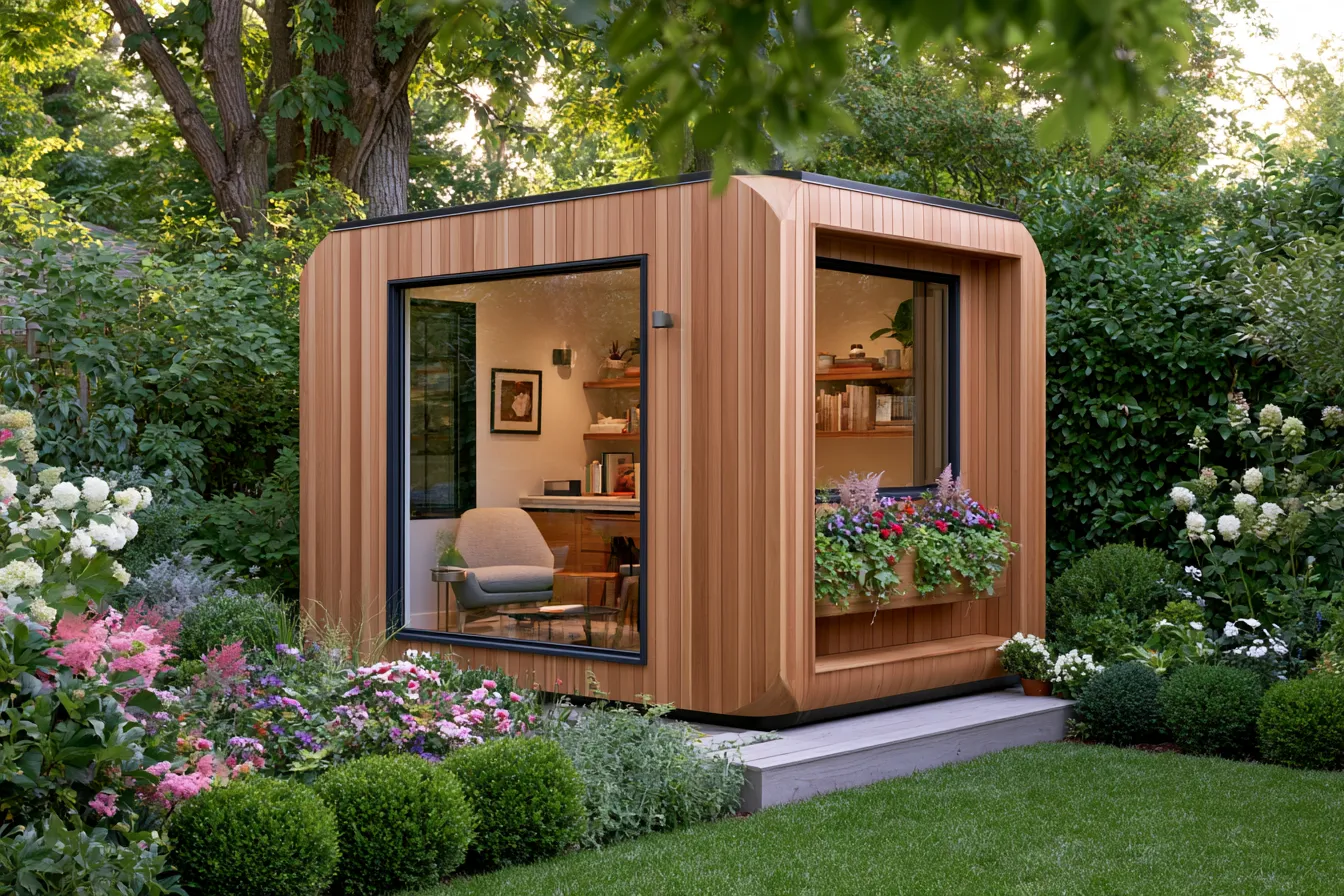 Charming garden shed retreat with large windows and afternoon sun, 2026 she shed design inspiration