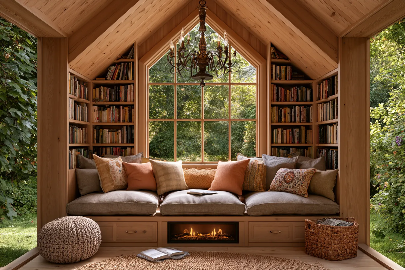 Charming she shed library with vintage chandelier and electric fireplace, 2026 she shed decorating inspiration