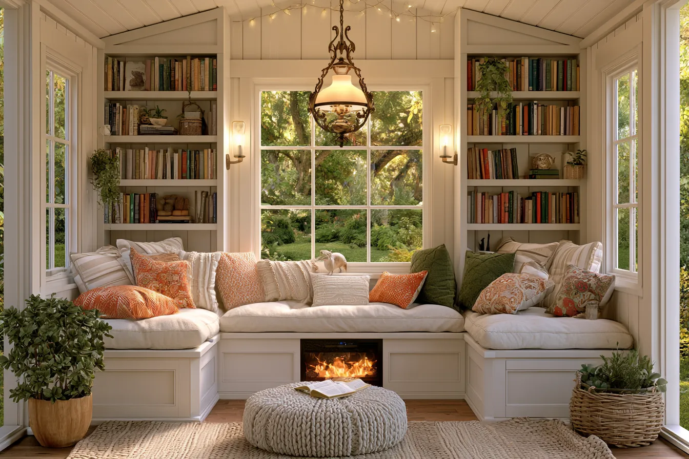 Warm she shed reading retreat with cushioned window seat and afternoon sunlight, she shed interior design ideas 2026
