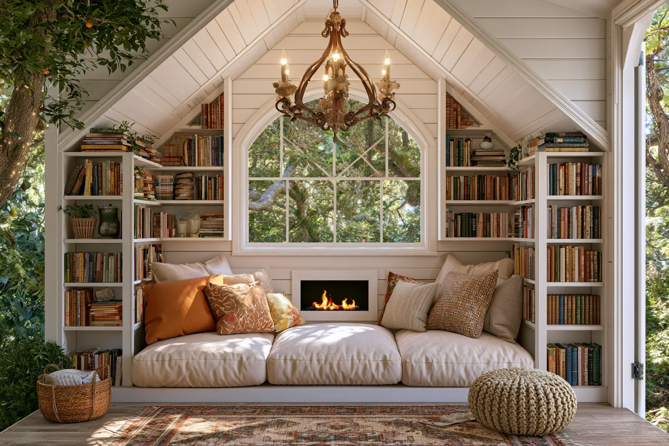 Rustic she shed nook filled with books, soft lighting, and cozy cushions, she shed ideas 2026 for book lovers