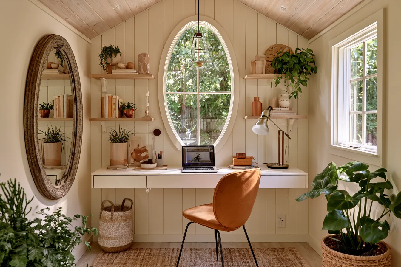 Compact she shed retreat with warm cream walls and arched window, small she shed design ideas 2026