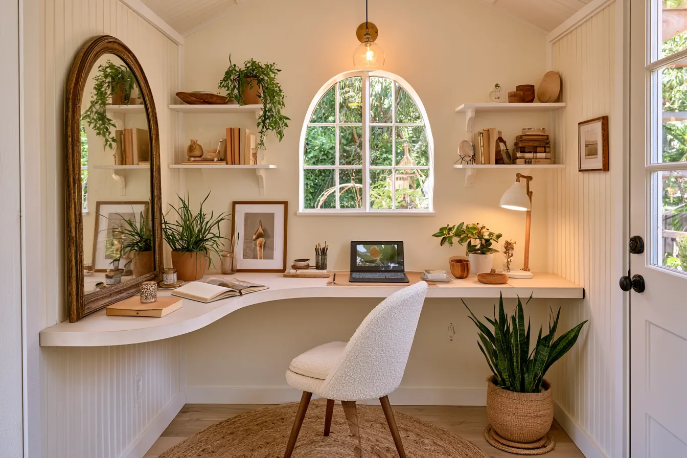 Cozy small she shed interior with maximized storage and vintage mirror, she shed decorating ideas 2026 small space