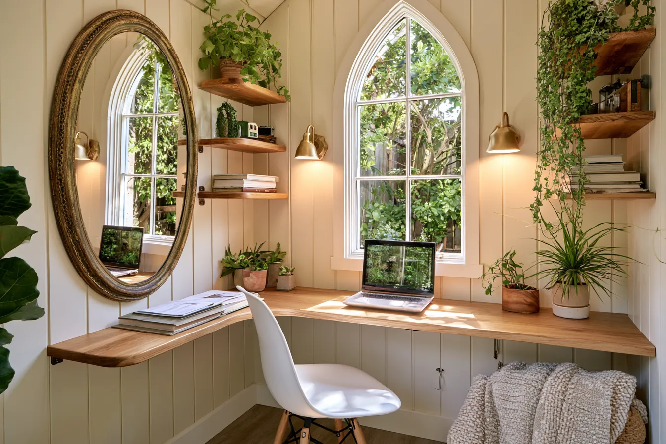 Small she shed interior with fold-down desk, floating shelves, and large vintage mirror, she shed design ideas 2026 for small spaces