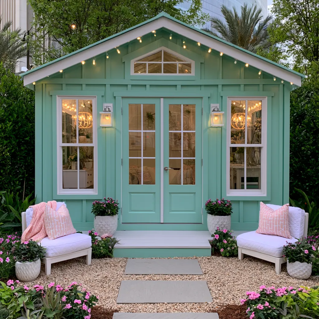 Charming she shed entrance with stone path, climbing roses, and vintage lanterns, she shed exterior design ideas 2026