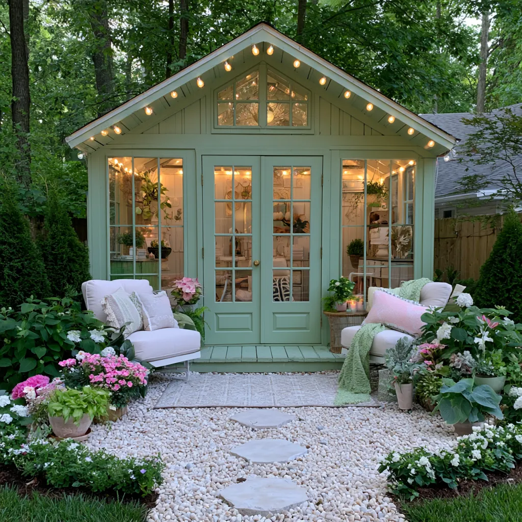 Stylish she shed interior decorated with layered textiles and vintage accents, best she shed ideas for 2026