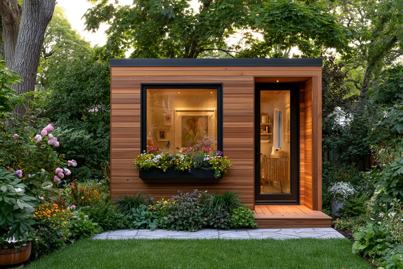 Architectural photo of a stylish she shed in a lush backyard, best she shed design ideas 2026