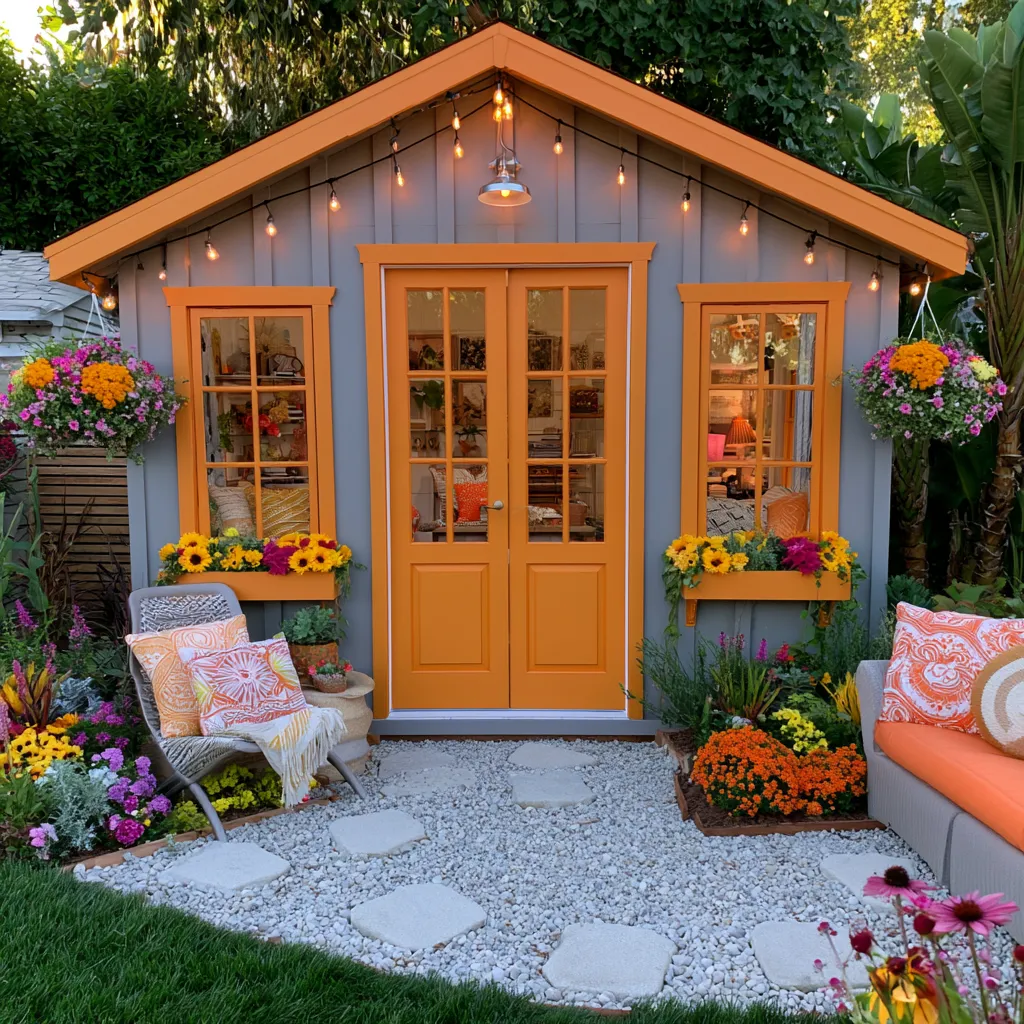 Modern she shed exterior with large black-frame windows and flower boxes surrounded by greenery, 2026 she shed design inspiration