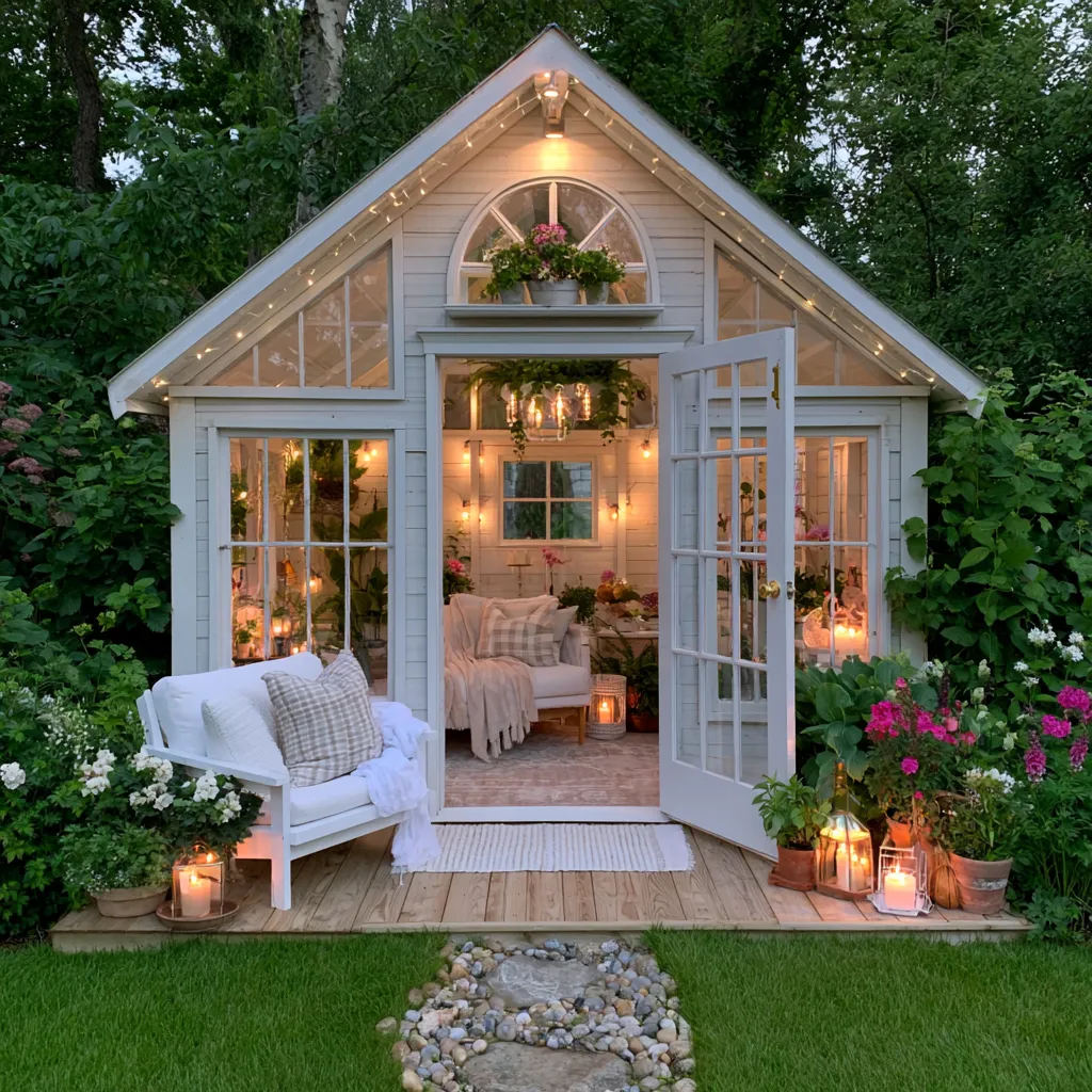 Boho she shed reading nook with built-in shelves, cushioned seating, and string lights, she shed decorating ideas 2026
