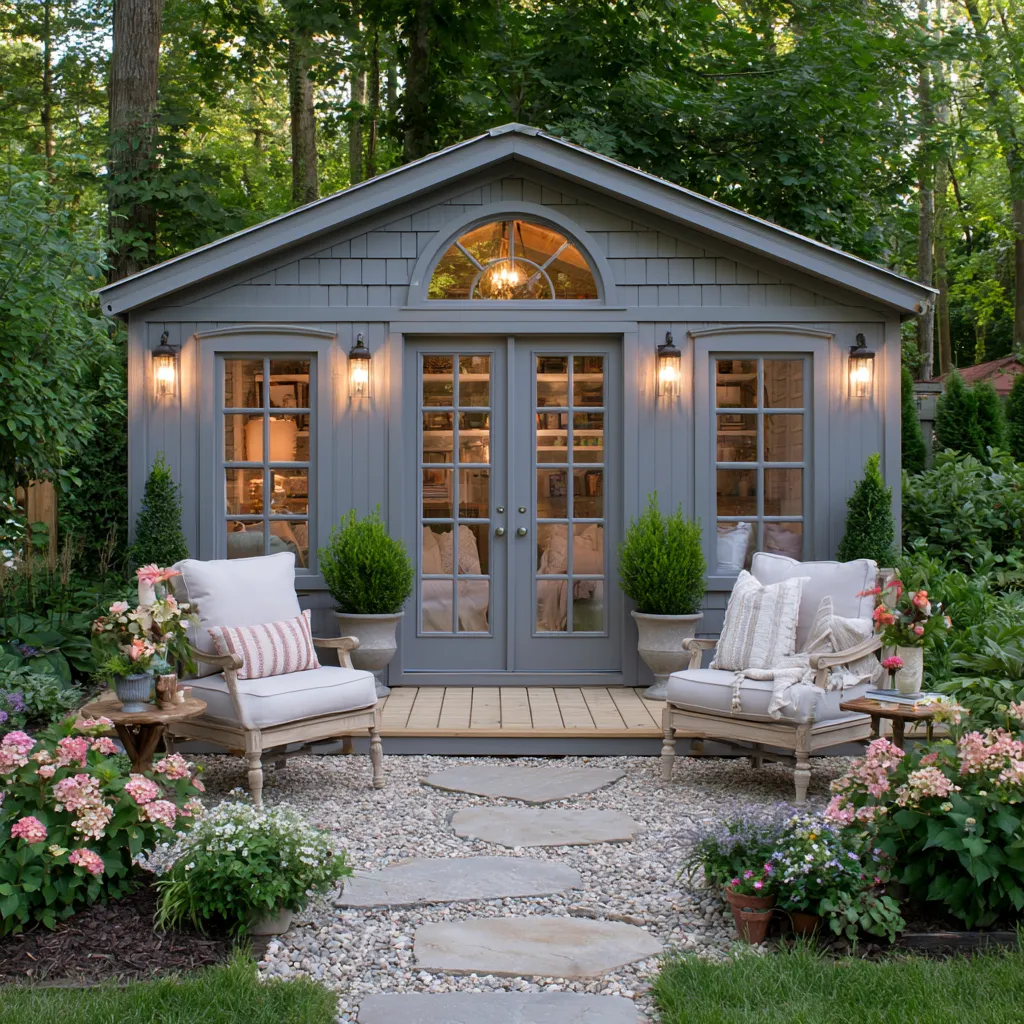 Bright and airy she shed studio interior with white walls, open shelving, and natural wood accents, she shed interior design ideas 2026