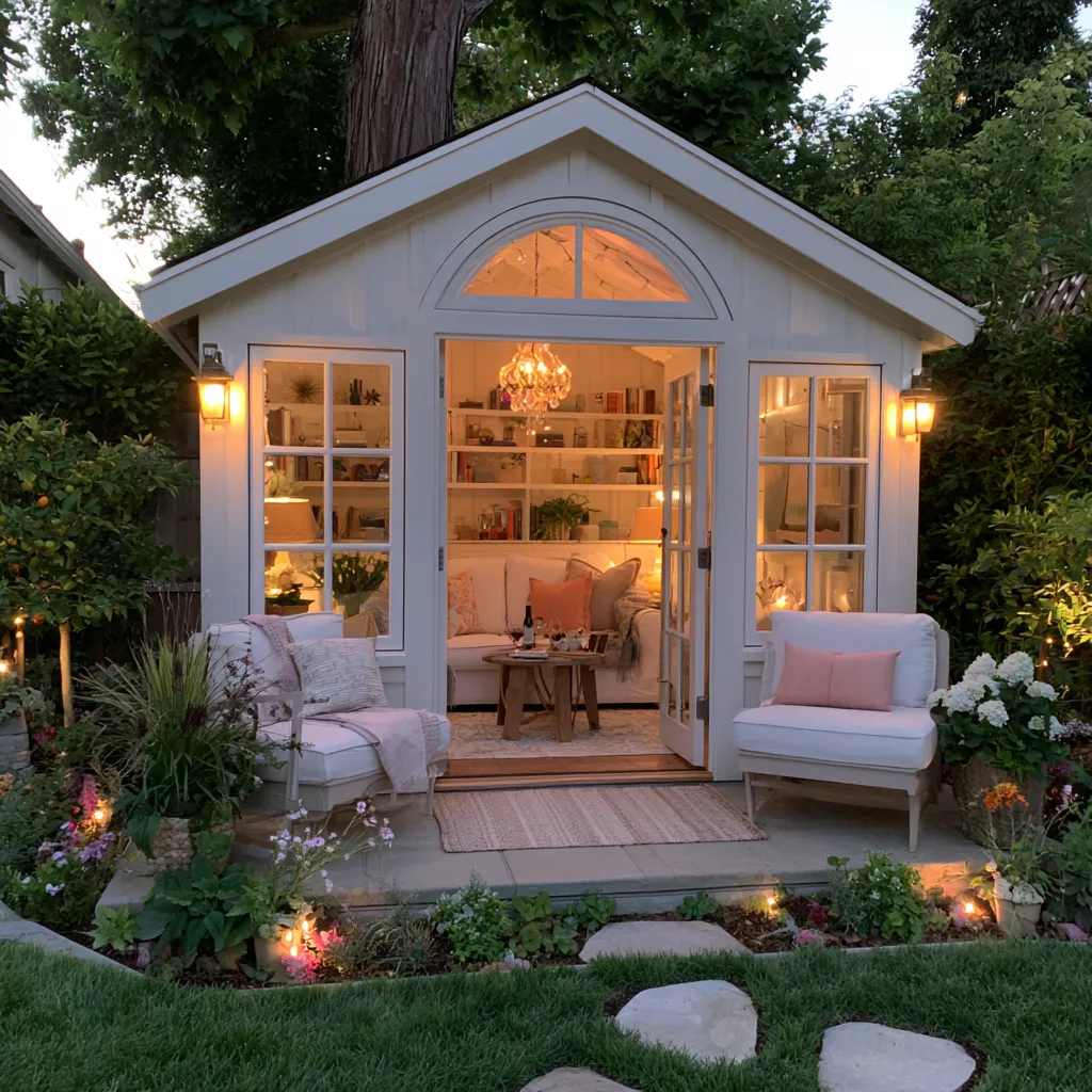 Japandi-style she shed retreat with neutral tones, bamboo accents, and minimalist furniture, she shed design trends 2026