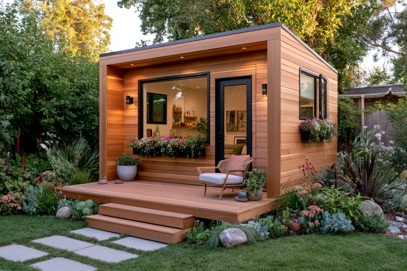 Exterior of a beautifully designed she shed with cedar siding and window flower boxes, she shed design ideas 2026