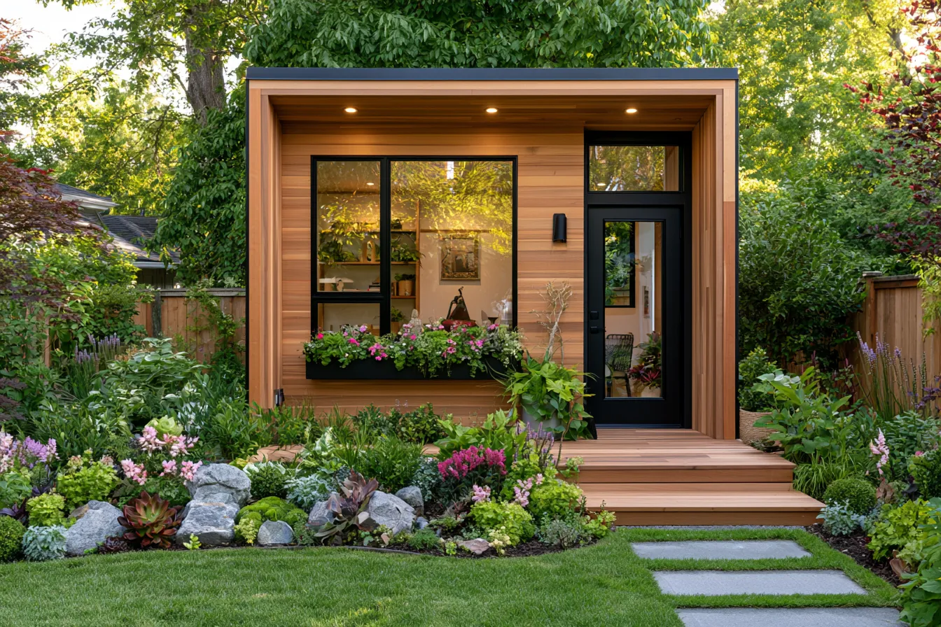 Cozy backyard she shed exterior surrounded by garden greenery, modern she shed ideas for 2026