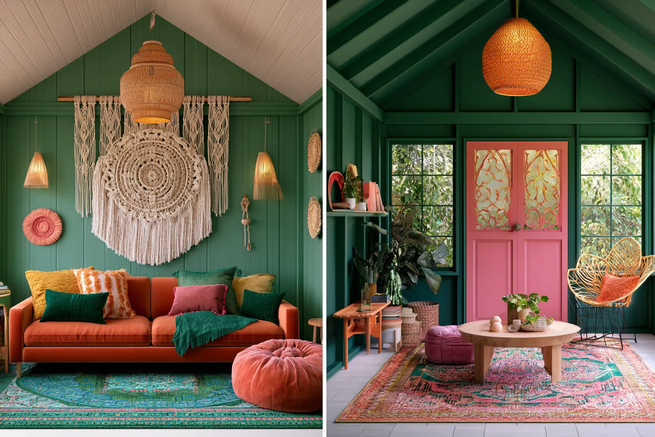 Cozy she shed decorated with macramé and velvet cushions in rich colors, 2026 she shed interior ideas