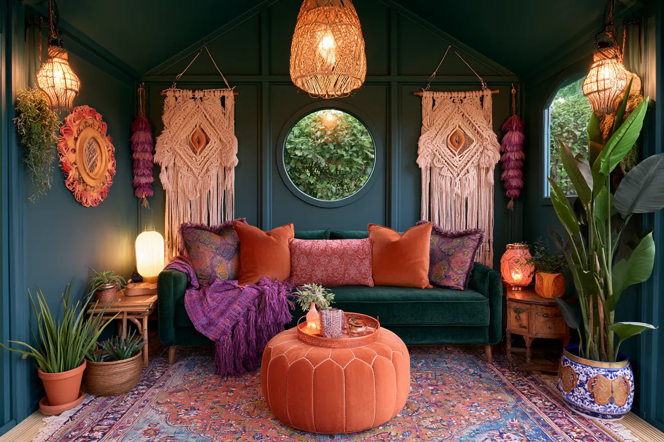 Eclectic she shed retreat interior with warm lighting and terracotta accents, she shed decorating ideas 2026