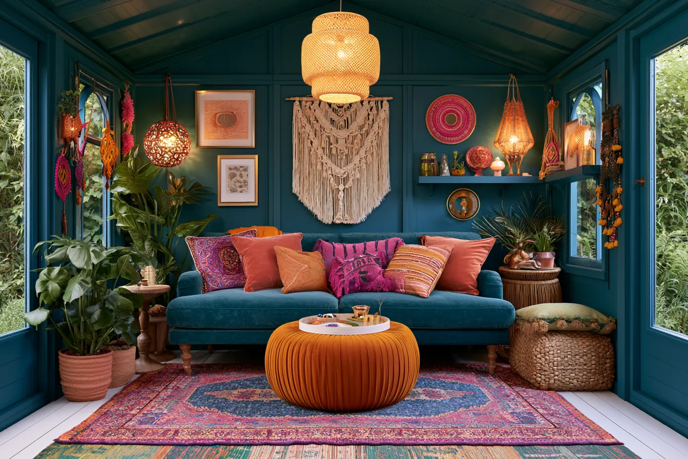 Maximalist she shed design with layered rugs and boho décor, best she shed ideas for 2026