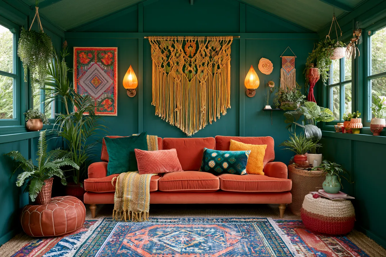 Boho maximalist she shed interior with jewel tone walls and layered textiles, she shed design ideas 2026