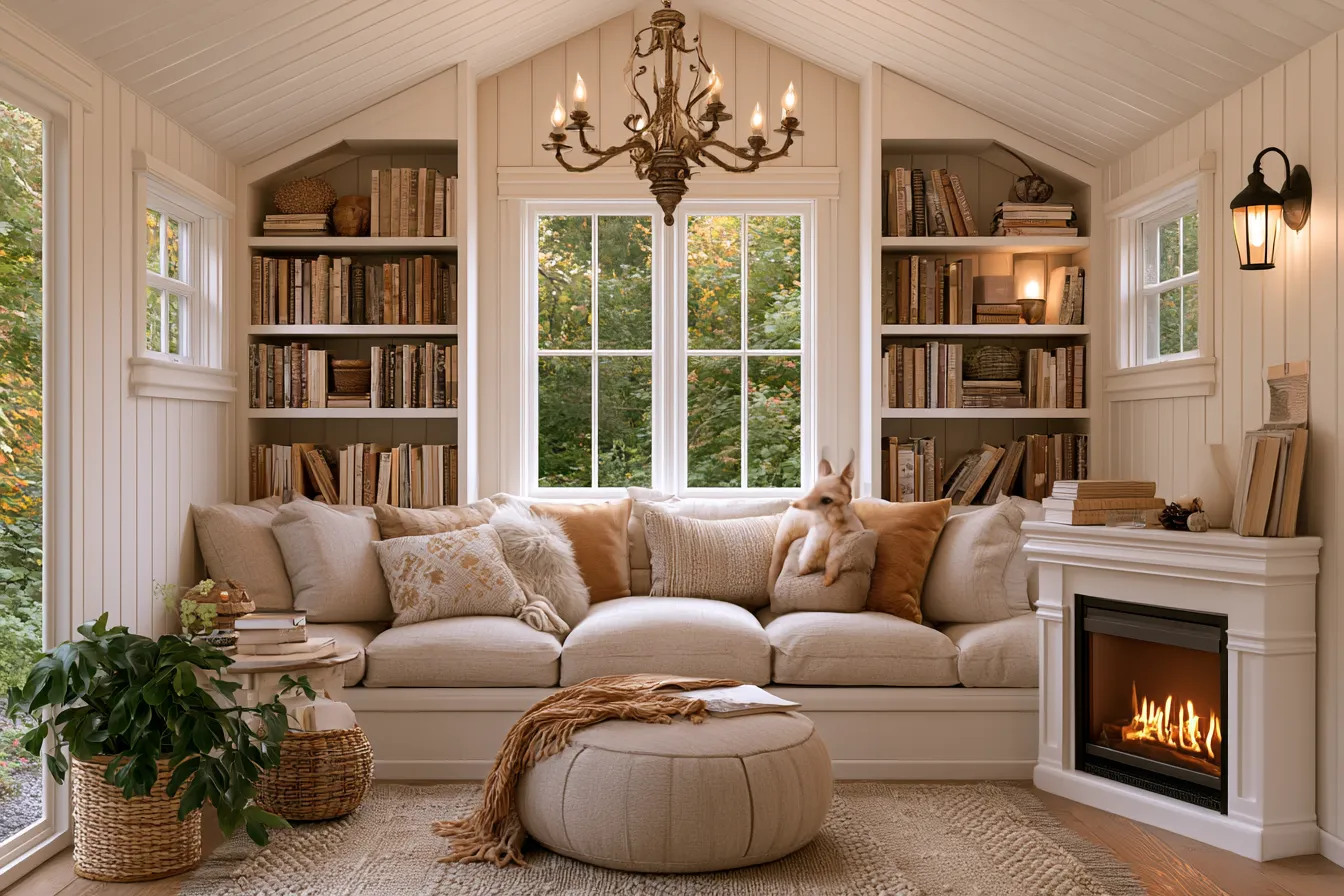 Cozy reading nook she shed interior with built-in bookshelves and window seat, she shed design ideas 2026