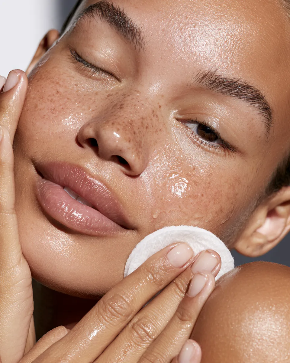 Beauty editorial photograph of a woman with clear skin applying a chemical exfoliant in a professional skincare routine