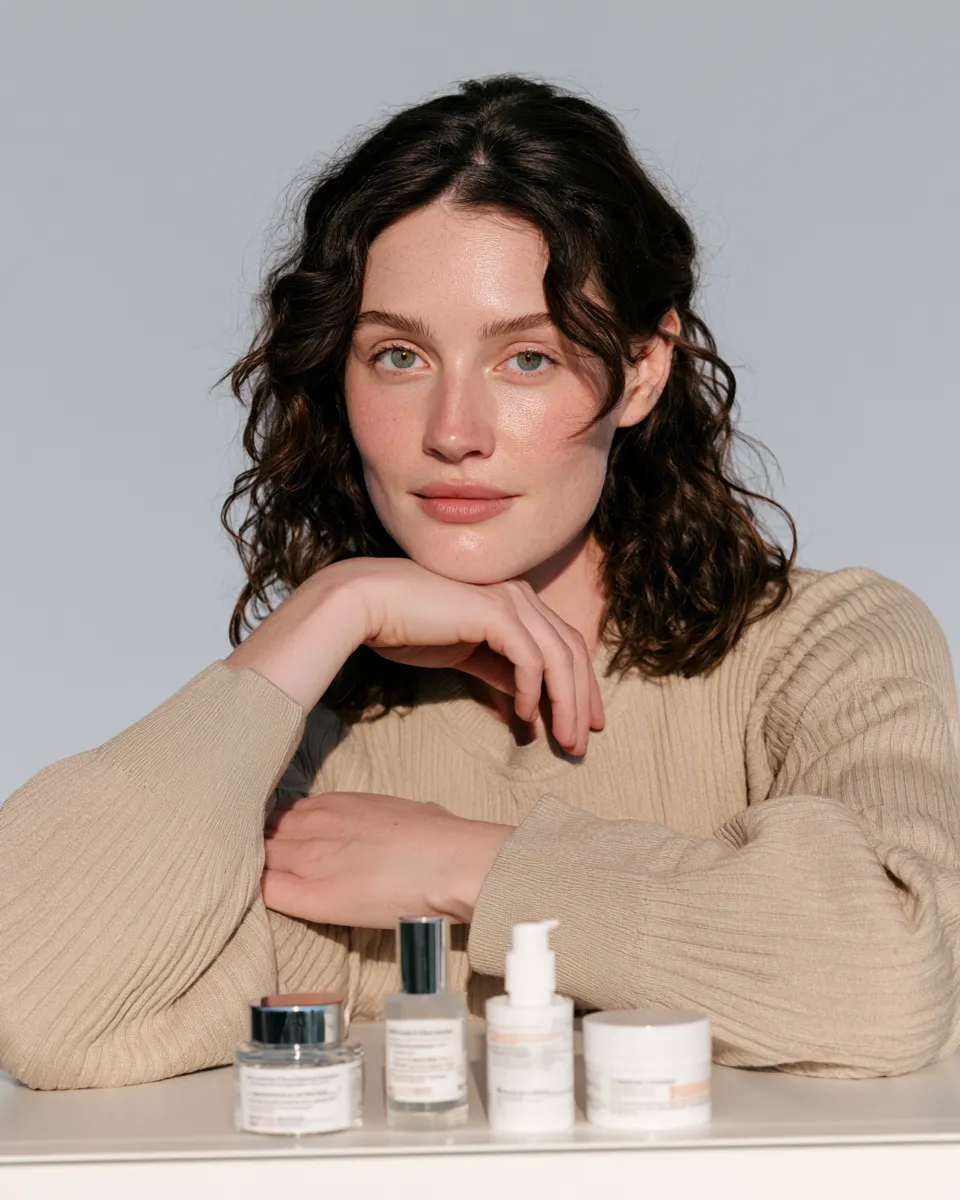 Portrait of a woman with clear radiant skin next to a minimal skincare product lineup for a skin cycling schedule