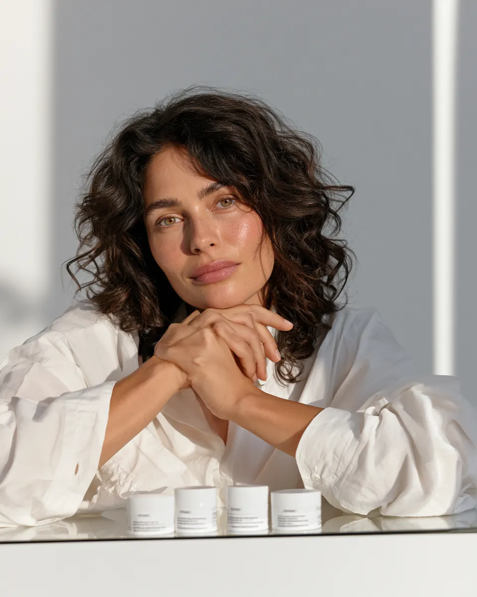 Beauty editorial photograph of a woman and four skincare products representing alternating active and recovery nights