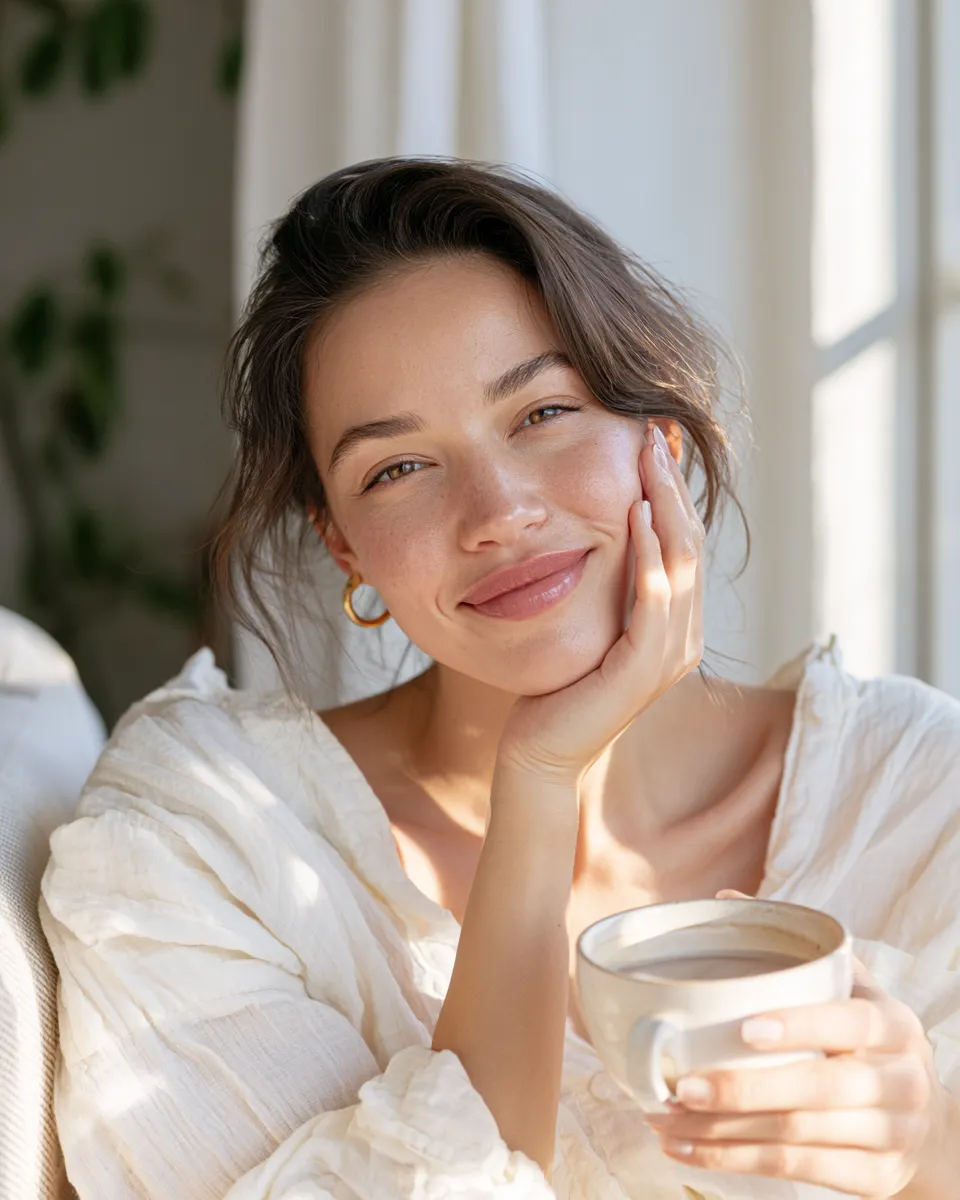 Lifestyle beauty editorial of a woman with luminous healthy complexion showing long-term skin cycling benefits