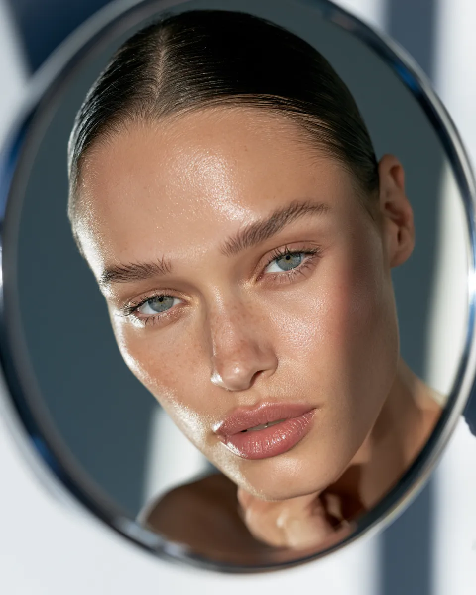 Woman with smooth even-toned skin looking into a round bathroom mirror showing skin cycling results