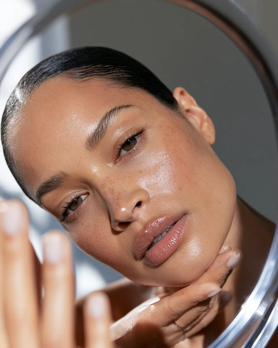 Before and after skin cycling result shown as a woman with healthy radiant complexion in a morning bathroom editorial