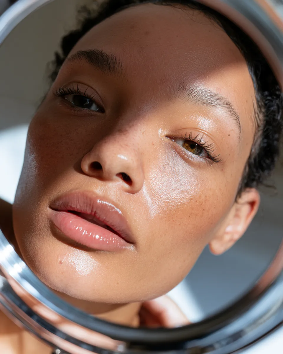 Portrait of a woman with visibly improved skin texture examining her face in a mirror after consistent skin cycling