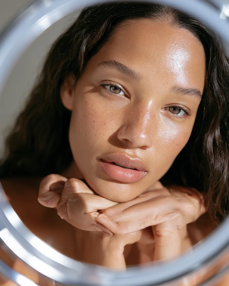 Beauty editorial of a woman with clear glowing skin in morning light representing the results of a 4-night skin cycling routine