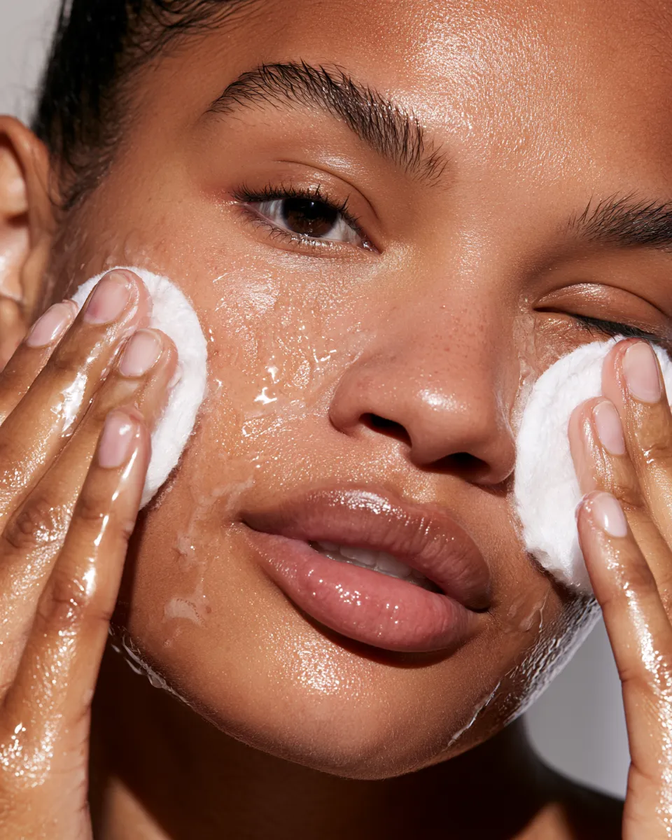 Close-up of a woman using an AHA exfoliant serum on her face in a warm-lit bathroom skincare editorial