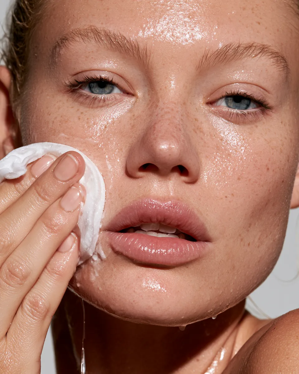 Skin cycling night one exfoliation shown as a woman applying a clear toner to her skin with a cotton pad