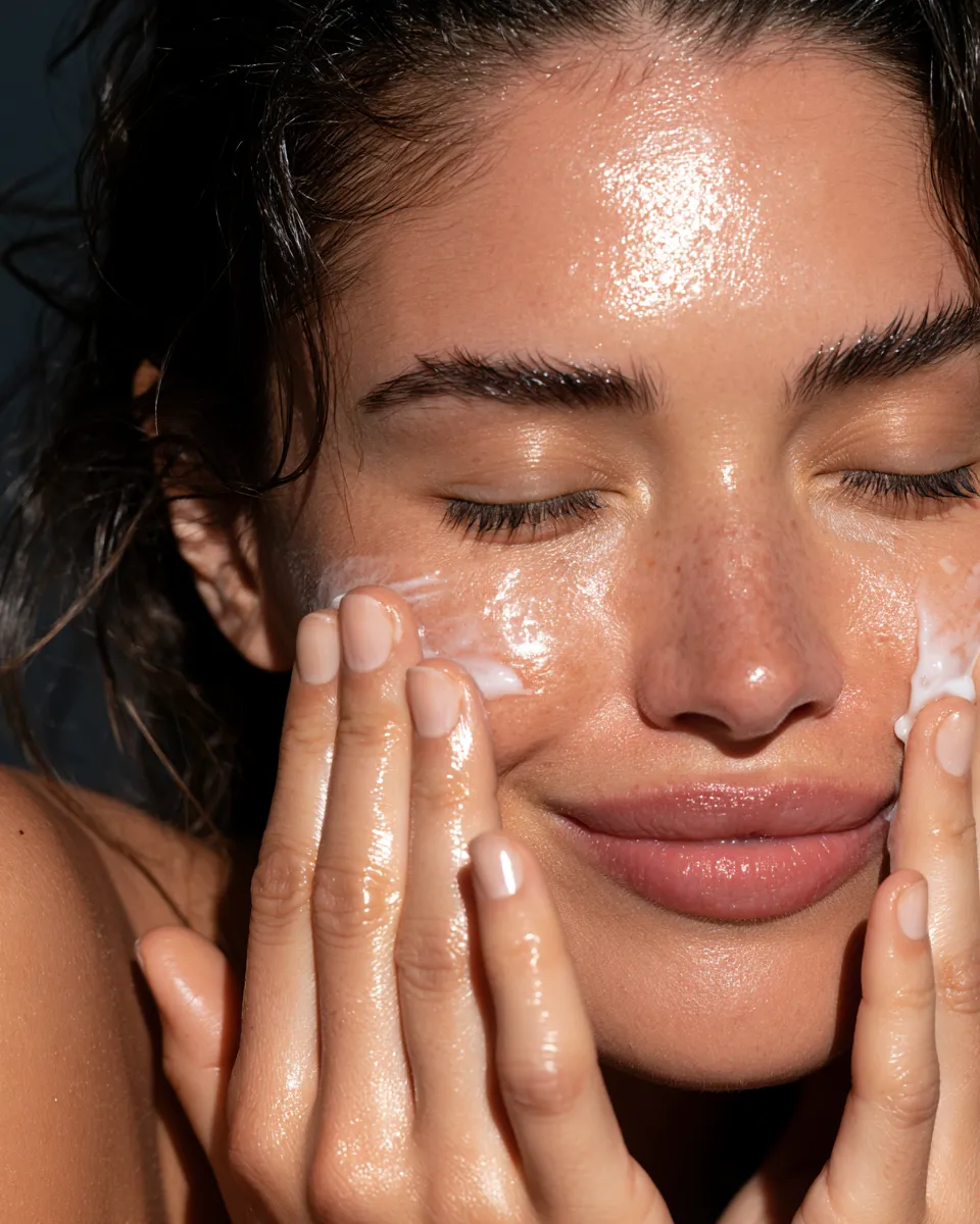Woman using ceramide moisturizer on recovery night as part of a skin cycling routine in a professional skincare photograph