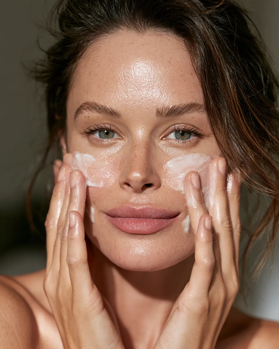 Skin cycling recovery night shown as a woman pressing moisturizer into glowing healthy skin with fingertips