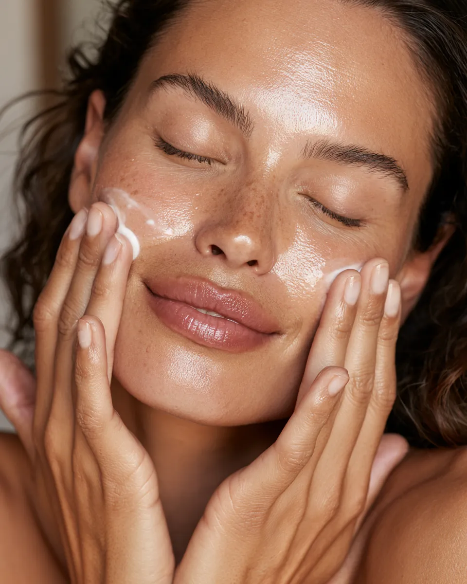 Close-up beauty editorial of a woman with plump dewy skin applying barrier repair cream in a dim evening setting