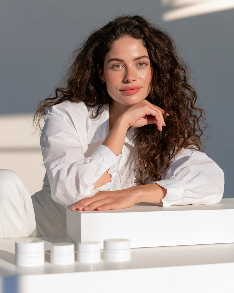 Woman with glowing skin sitting at a vanity with four skincare products representing the skin cycling 4-night routine