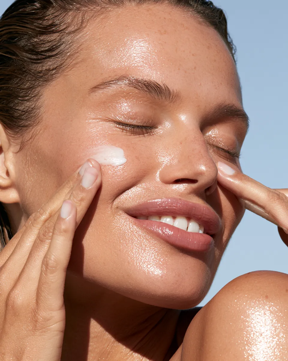 Close-up portrait of a woman smoothing sunscreen over her cheek with two fingers outdoors