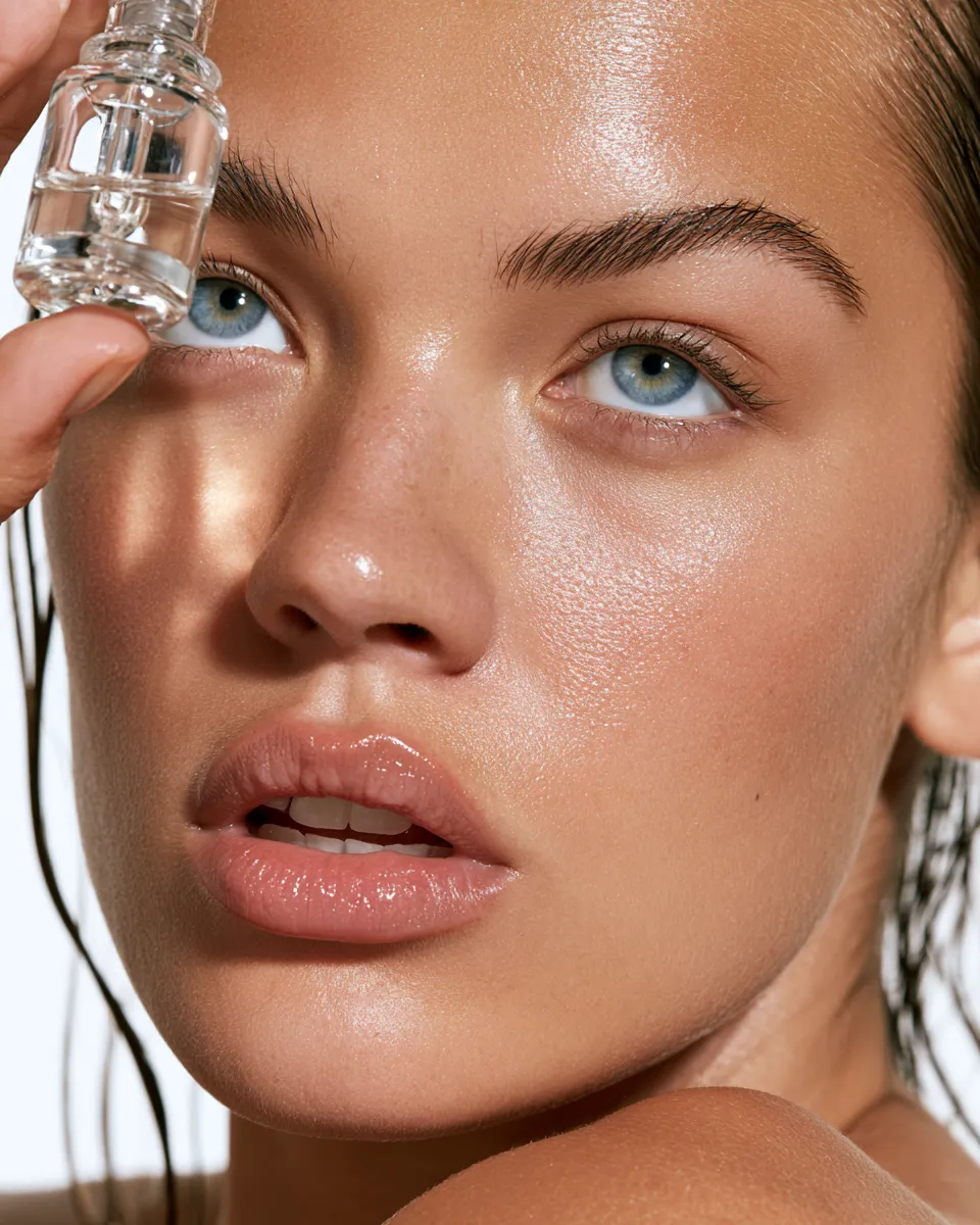 Woman with radiant skin holding a niacinamide or vitamin C serum bottle up to light in a beauty editorial photograph