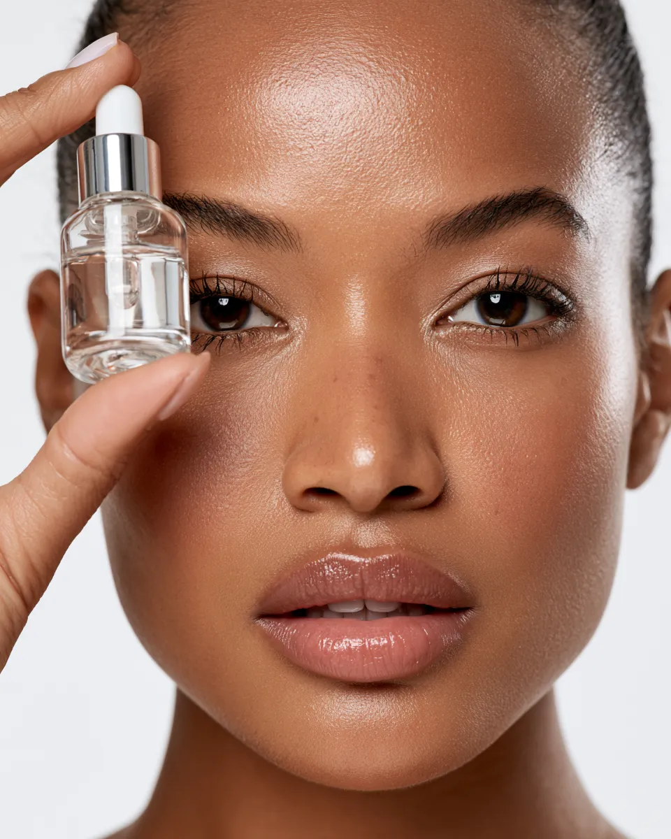 Close-up of a woman holding a glass skincare serum bottle with glowing healthy skin in the background