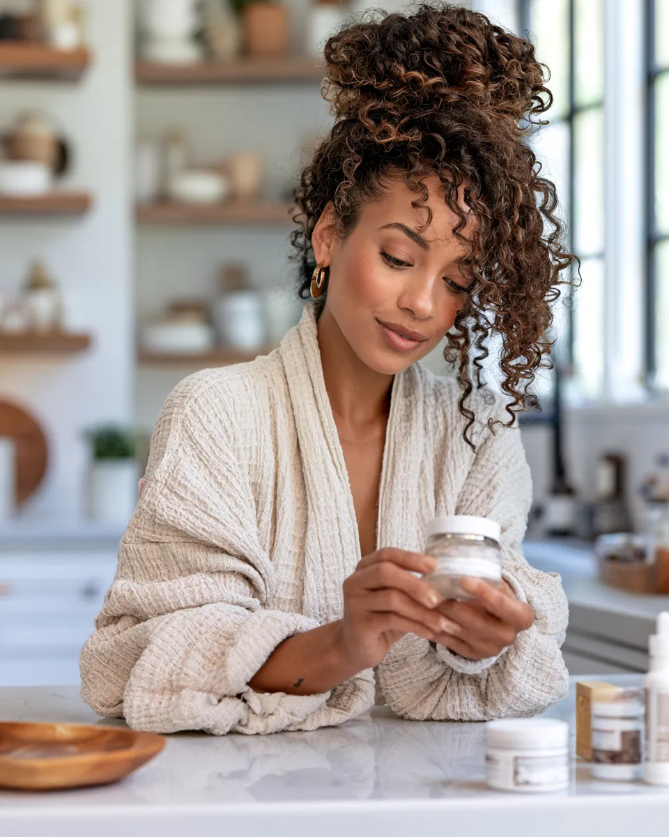 Woman reading skincare product ingredient label carefully as part of a beginner skincare education guide