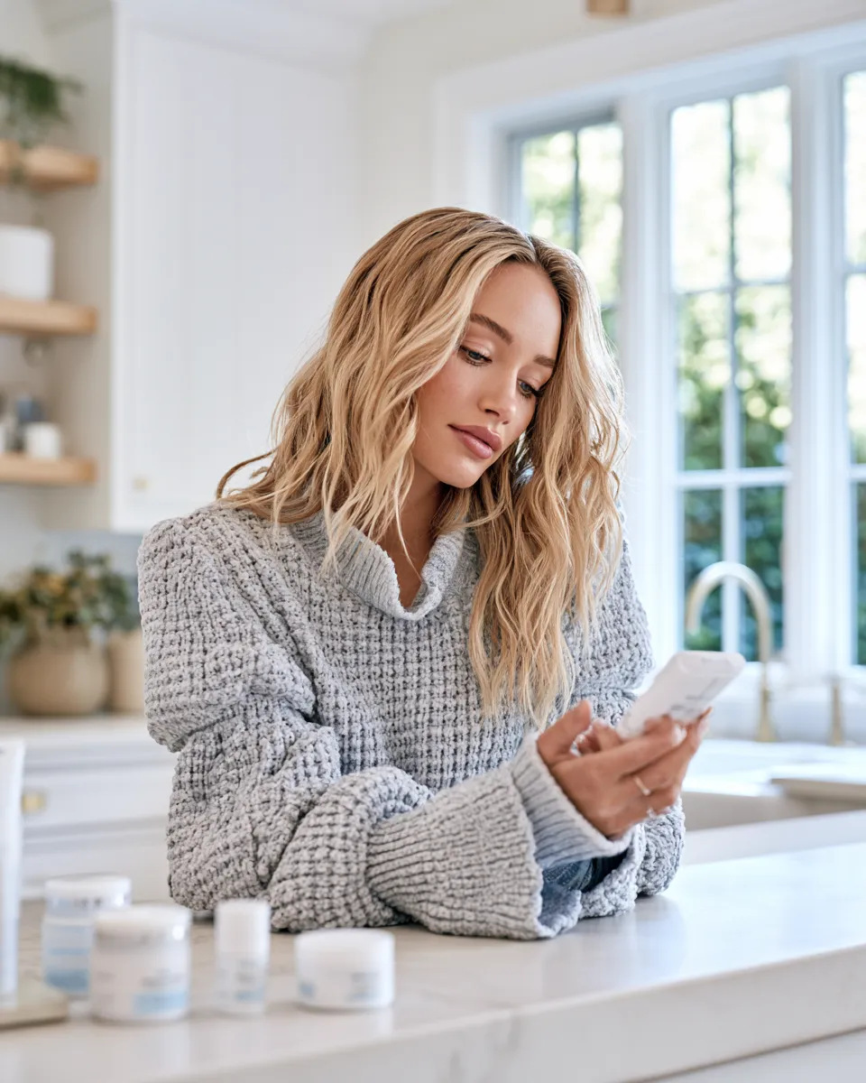 Beginner learning to read skincare ingredients shown as a woman studying a product label in a bright modern bathroom