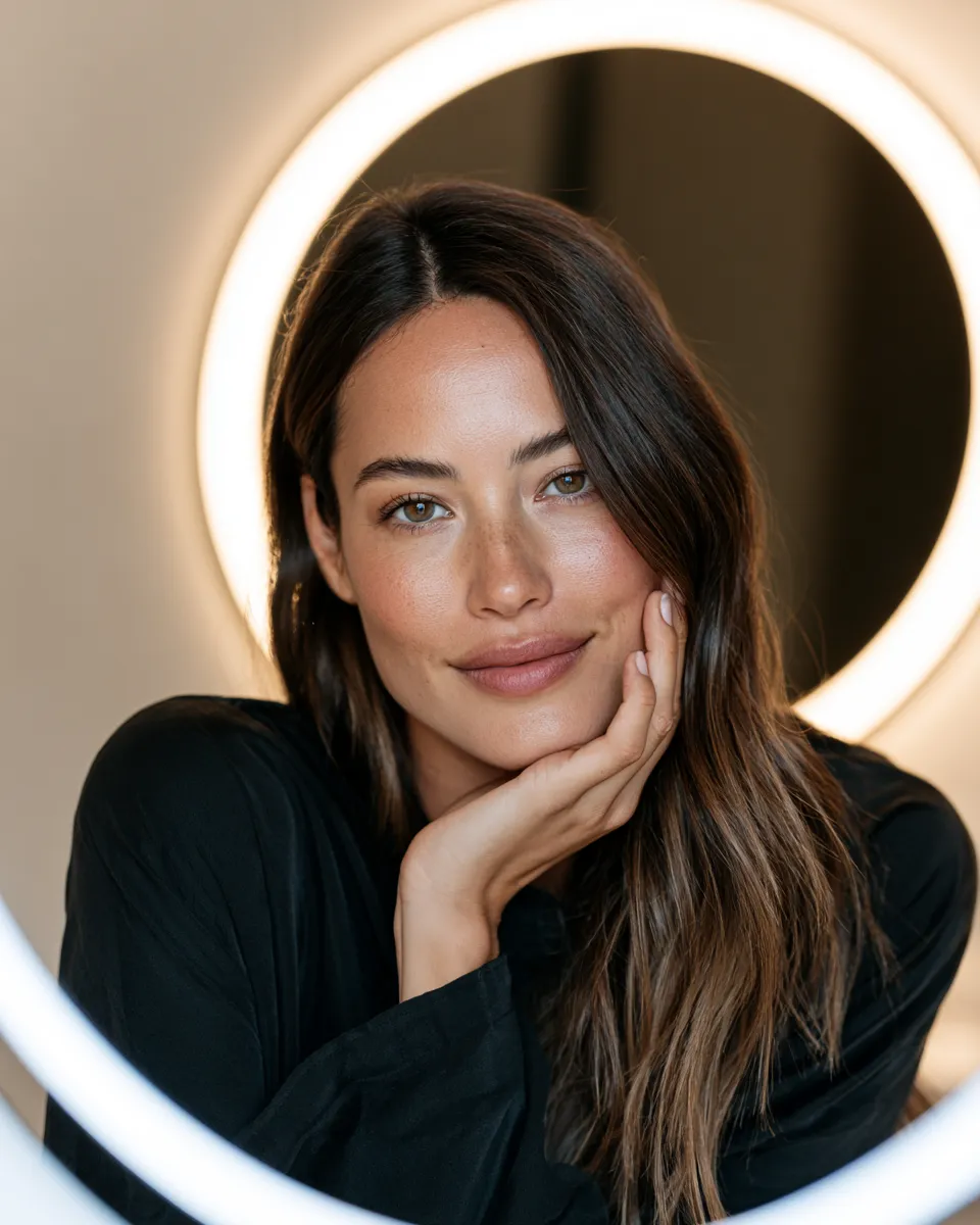 Beginner skincare result shown as a woman with healthy luminous complexion looking into a round vanity mirror