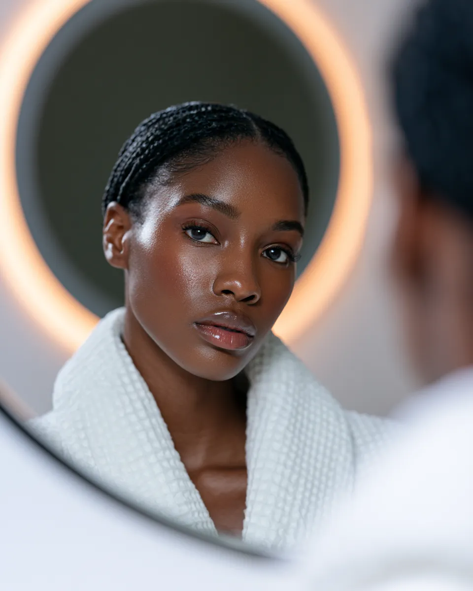 Portrait of a woman with visibly improved skin tone and texture reflected in a bathroom mirror in warm light