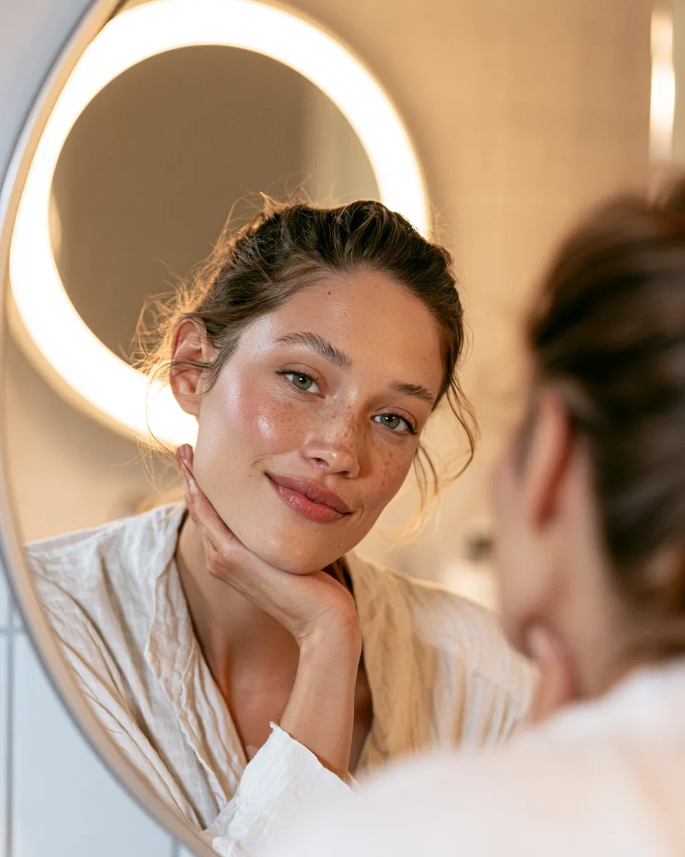 Woman examining her glowing healthy face in a mirror representing skincare results after following a beginner routine