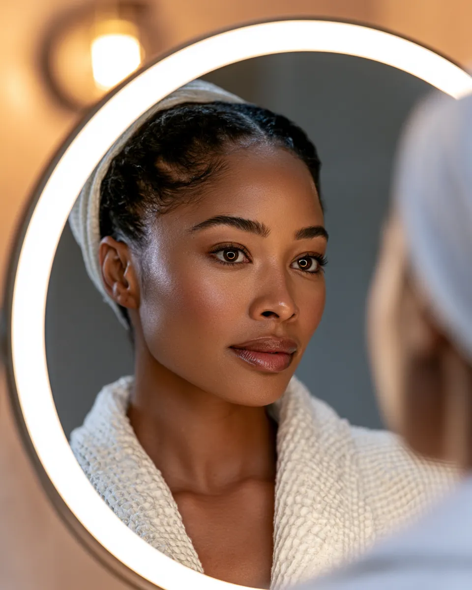 Woman with even glowing skin looking confidently into a bathroom mirror after establishing a consistent skincare routine