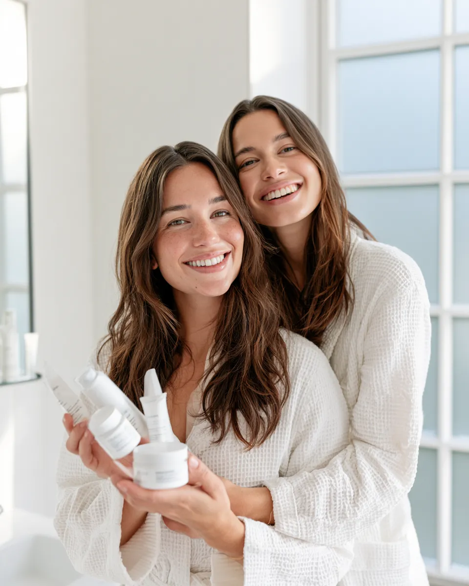 Woman with fresh clear complexion standing in a minimalist bathroom with basic skincare essentials