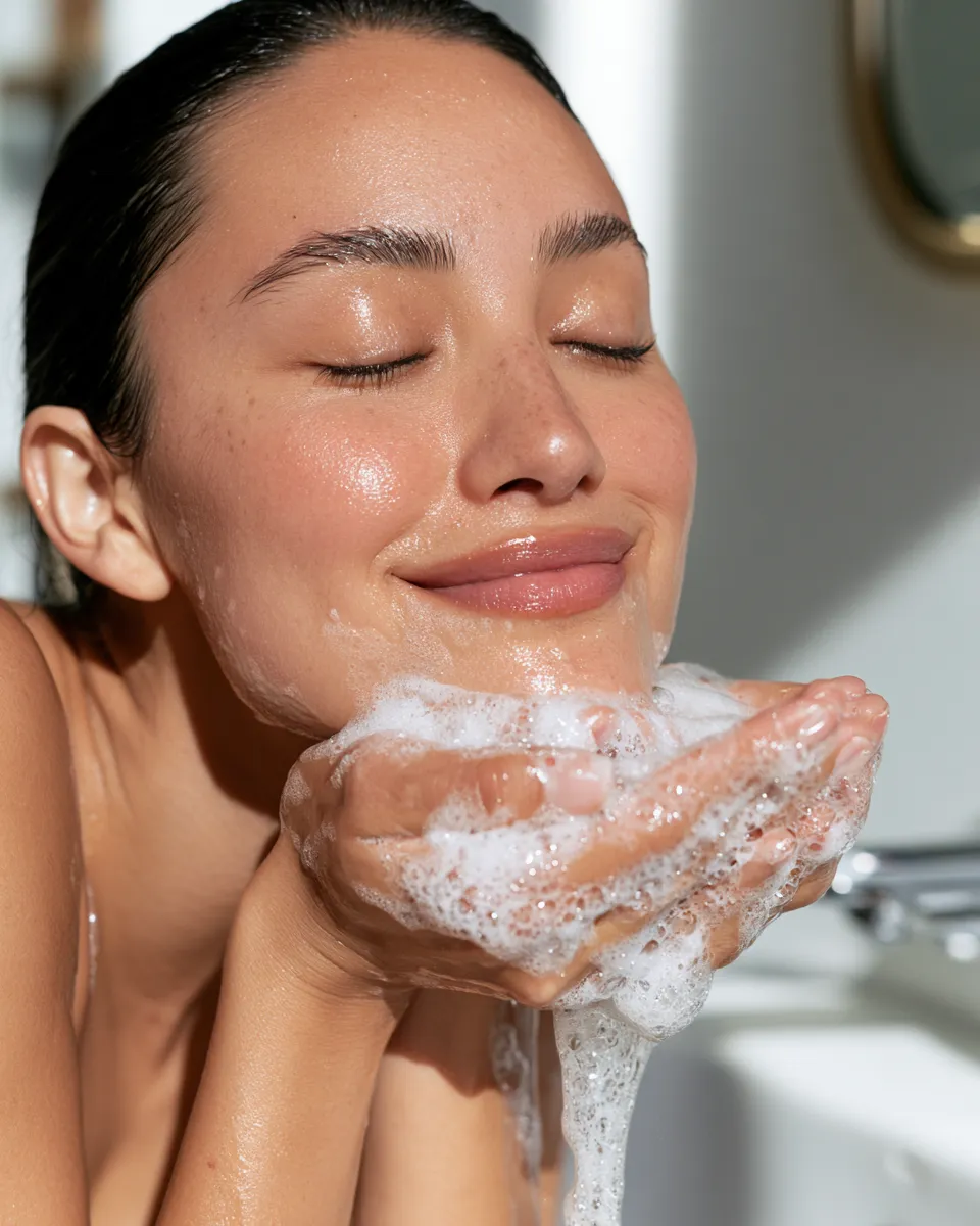 Beginner skincare step one face cleansing shown on a woman with eyes closed at a bathroom sink